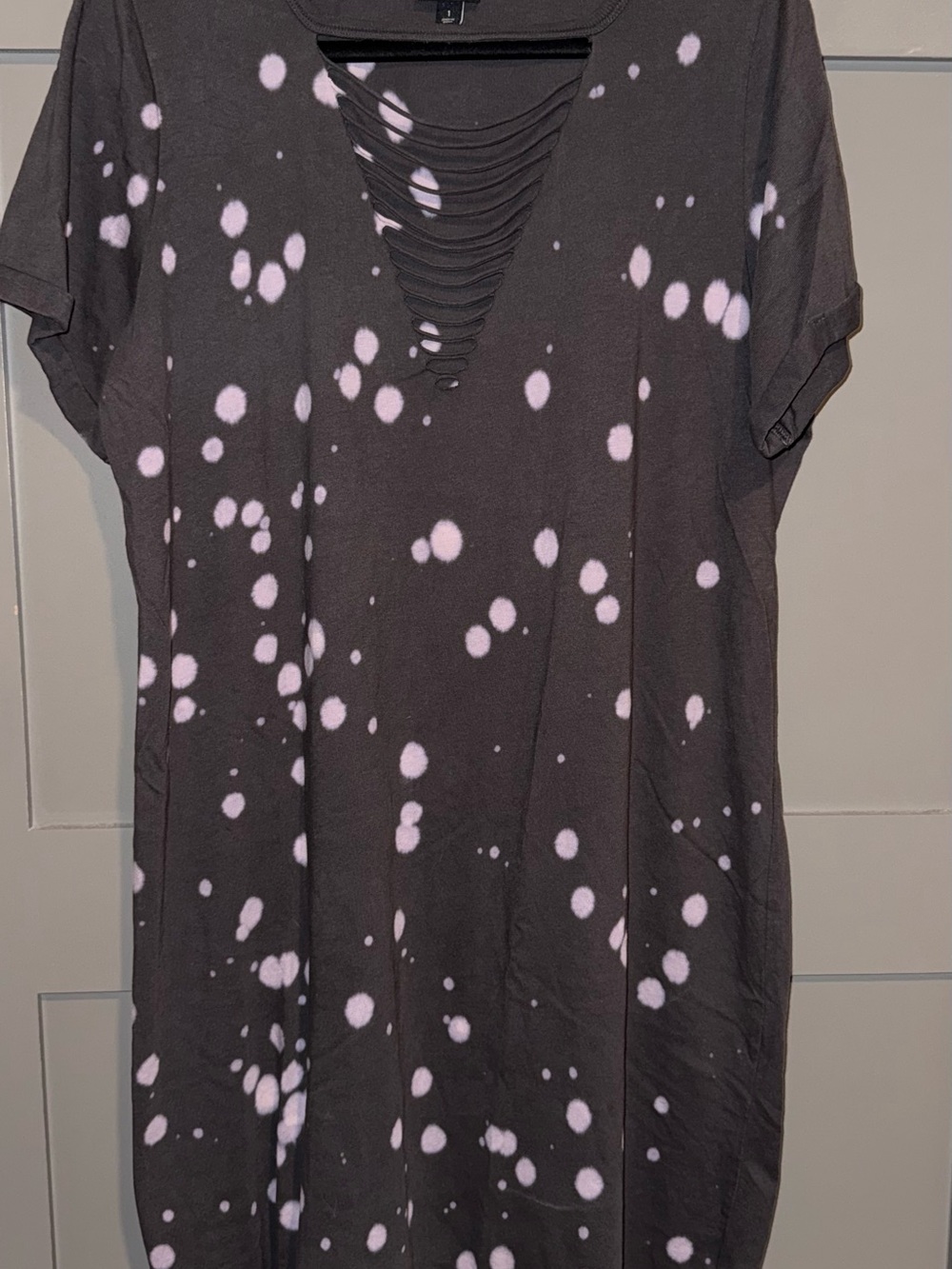 torrid Black Tunic with Light Pink Bleach-Spot Pattern and Ladder V Neck